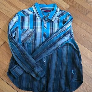 Rock & Roll Cowgirl Teal and Black Striped Plaid Button-Up Shirt